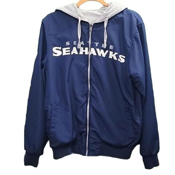 VNTG GIII Y2k Seattle Seahawks NFL Reversible Hooded Full Zip Jacket Navy/Grey S - Picture 9 of 14